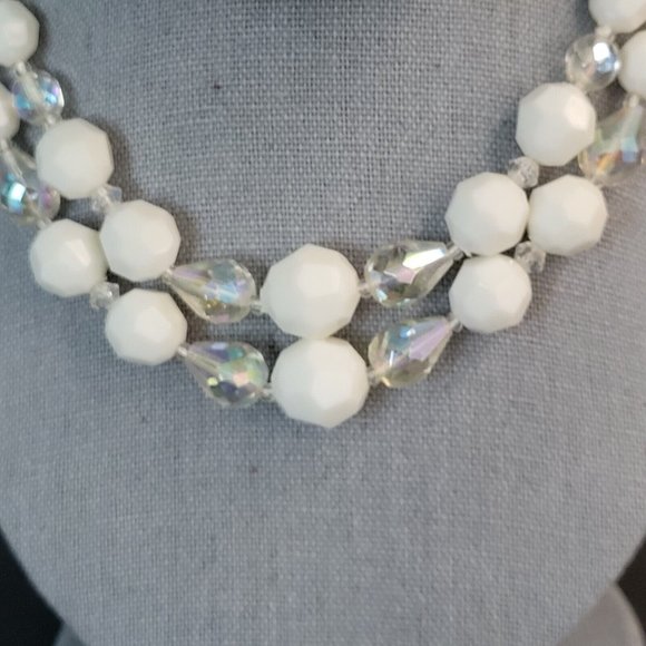 Womens White Beads AB Aurora Borealis Fashion Necklace Earrings Set Germany Made - Picture 5 of 11